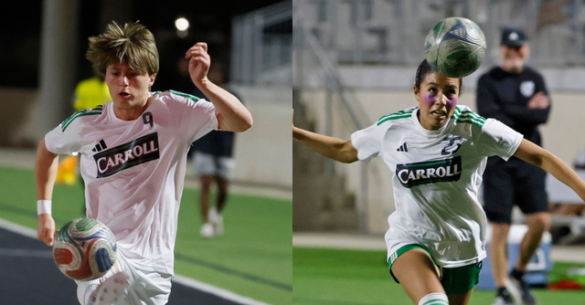 Southlake Carroll’s John Skiermont, left, and Sydney Martin attack the ball in a bi-district round soccer playoff game at Crowley ISD Multi-Purpose Stadium in Fort Worth, Texas, Friday, March 20, 2026.